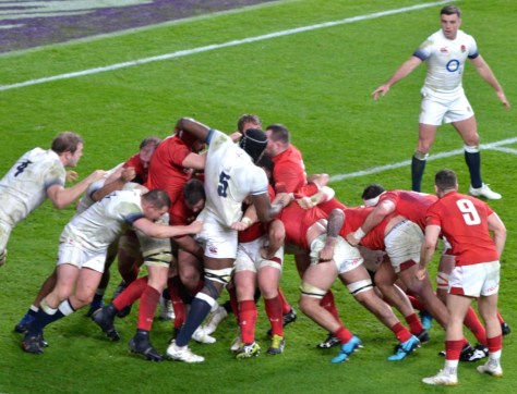 The Welsh scrum pressing England at Twickenham