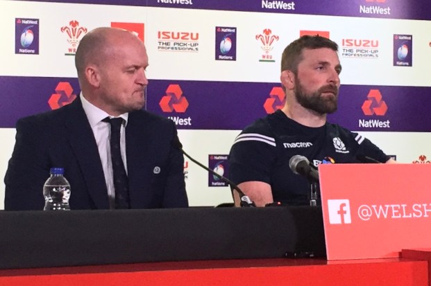 Ashen-faced coach Gregor Townsend and Scottish captain John Barclay face the press