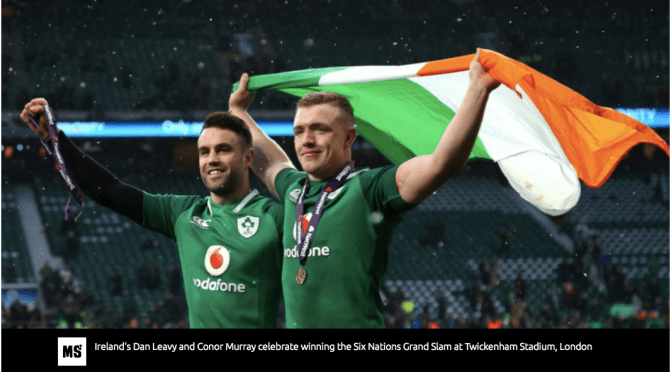 Dan Leavy and Conor Murray celebrate winning the Six Nations Grand Slam at Twickenham